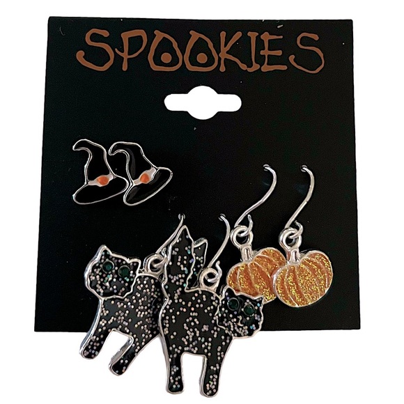 Halloween Sparkly Black Cat Witch Hat and Pumpkin Costume Earrings Set - Picture 4 of 4